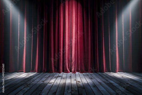 Lavish red velvet curtain, wooden stage floor, spotlights, and footlights create theatrical ambiance