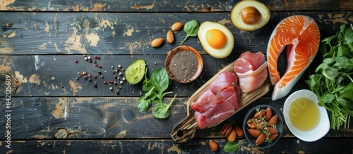 Ketogenic diet with nutrition diagram, healthy food.
