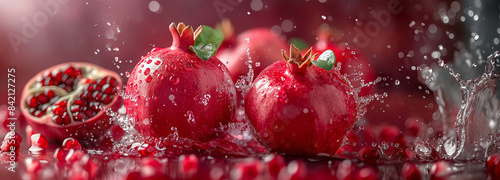 Pomegranates are floating and splashing in water against a red background