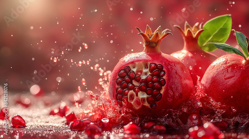 Pomegranates are floating and splashing in water against a red background
