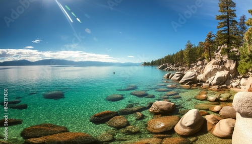 lake tahoe rocky shoreline in sunny day beach with blue sky over clear water