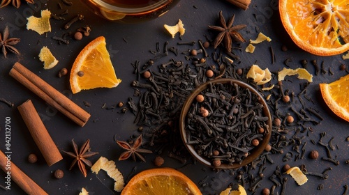 Top view of black tea with orange peel and cinnamon