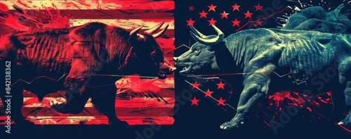 Two bulls, one blue and one red, facing off against each other in front of an American flag background, symbolizing the stock market's bull market trends and economic competition