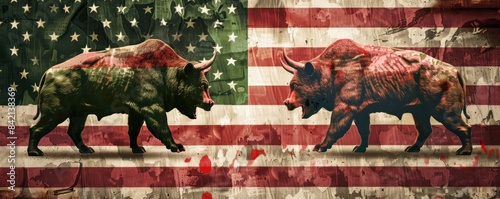 Two bulls, one blue and one red, facing off against each other in front of an American flag background, symbolizing the stock market's bull market trends and economic competition