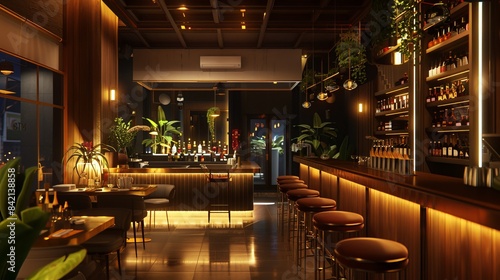 A warm and inviting restaurant with a stylish bar and soft lighting.
