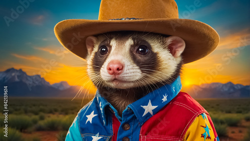 Cute American ferret wearing a cowboy hat