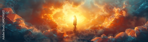 Silhouette of a person standing against a vibrant, surreal sunset backdrop with dramatic clouds and ethereal lighting.