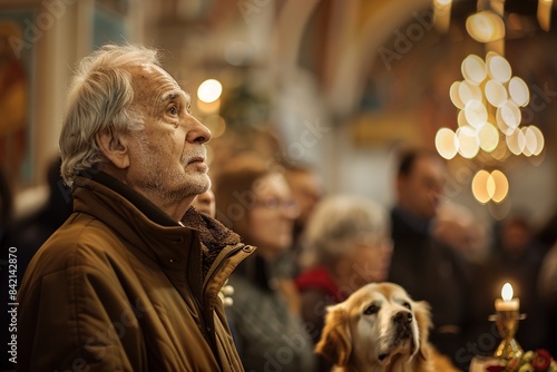 Saint Anthony's blessing of animals. Elderly man accompanied by his dog attend a mass on occasion o Saint Anthony's Day