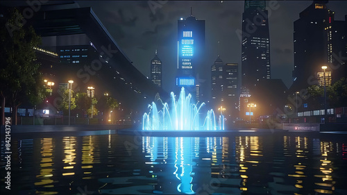 night city fountain with beautiful night illumination, night city, fountain in the city, city park,