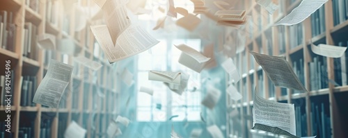 Books flying in the air in a blurred library with sunlight