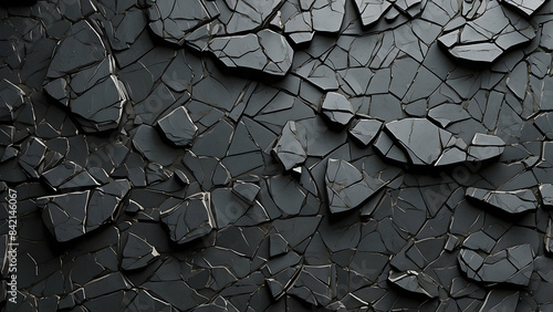 This image features a close-up of dark slate tiles broken into various sizes and shapes, creating an abstract texture