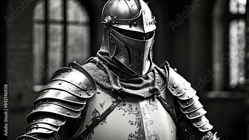 A monochromatic image showcasing a detailed medieval knight's armor, with focus on the helmet and breastplate