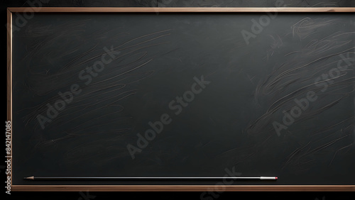 An empty black chalkboard with visible smudges and a single piece of chalk, implying prior use and erasure