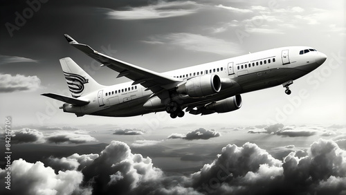 An airplane in flight over picturesque clouds, depicted in a dramatic monochrome aesthetic