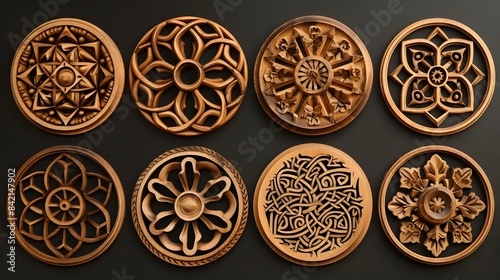 Set of Round handmade Celtic wooden mandala. Ornament Wood carving with beautiful woodworking.Set of Round handmade Celtic wooden mandala. Ornament Wood carving with beautiful woodworking.