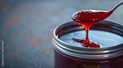 Spoon of jam with tin can, close-up 