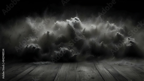 Mysterious and dark dust cloud explosion with intense texture and contrast emphasizing movement