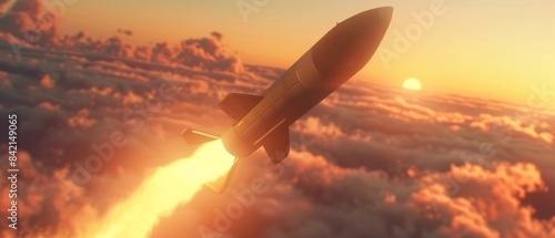 A rocket is flying through the sky with a sunset in the background, military missile