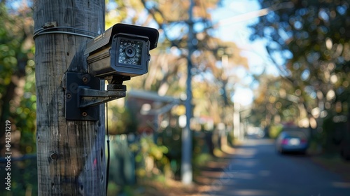Modern black security camera on a wooden utility pole