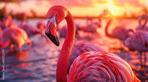 Close-up of pink flamingo at sunset.