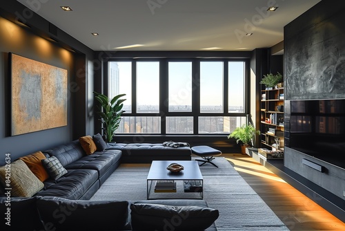 Interior,living room,apartment,black,new york city,ceiling,city,coffee 