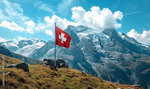 Design a flag featuring Switzerland's picturesque mountains, realistic photo