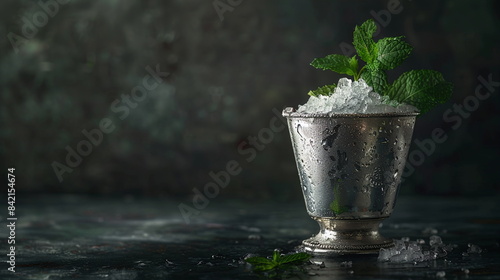 Refreshing mint julep cocktail served in a silver cup with crushed ice and a mint sprig.