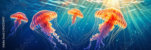 A vibrant digital illustration featuring three glowing jellyfish floating in the ocean under a sunlit sky.