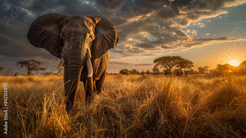 an African elephant, standing amidst a savanna, with a group of illegal loggers and ivory hunters in the distance