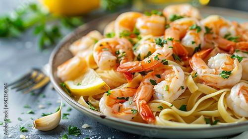 Shrimp scampi with garlic, white wine, lemon juice, and parsley on a plate of linguine.