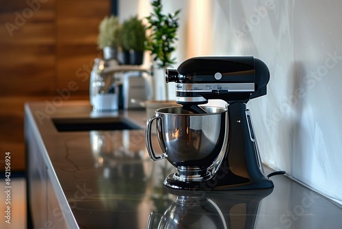 Sleek kitchen mixer on a modern counter, blending style and functionality in a warm ambiance