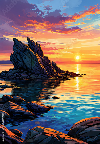 A serene landscape at sunset, featuring a rocky island with a large boulder prominently in the foreground and a calm body of water reflecting the vibrant colors of the sky.