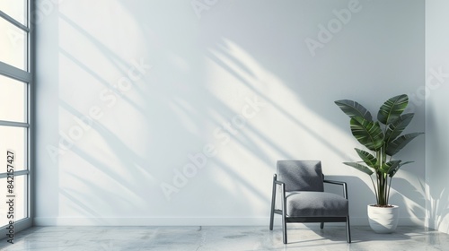 The minimalist interior features an armchair on a background of white walls with a white color.