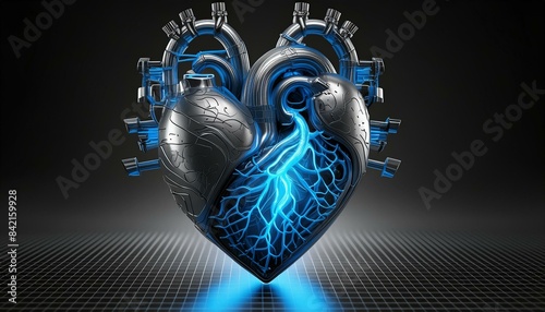 This futuristic heart is made of sleek metal plates and glowing blue energy lines. It is set on a smooth surface.