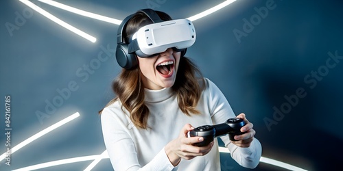 Excite white woman playing online game with vr glasses and controllers.