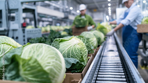hydroponic cabbage into boxes on a conveyor line at a factory plant. The image should capture the workers' activities, the conveyor system, and the fresh hydroponic cabbage being processed and neatly