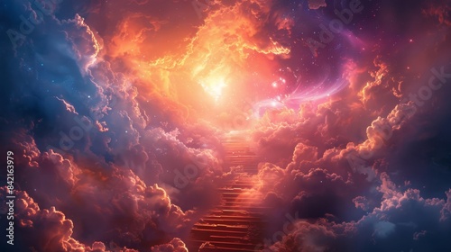 A dreamlike image of stairway ascending into a cosmic sky filled with stars and nebulas