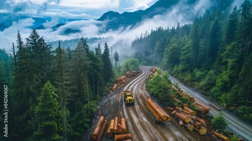A logging truck hauls a load of timber through a misty forest path, illustrating the intersection of industry and nature