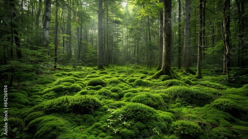 A mystical forest scene with a lush carpet of moss under a canopy of tall green trees, evoking fairy tales