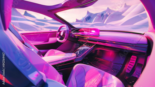 Futuristic concept car interior: pink hues, holographic projections, invisible vents, integrated seats, luxury leather generative ai