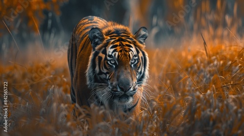 A prowling tiger in tall grass