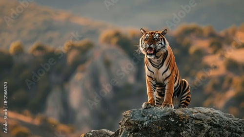 A roaring tiger on a rocky outcrop
