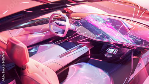Futuristic concept car interior: pink hues, holographic projections, invisible vents, integrated seats, luxury leather generative ai