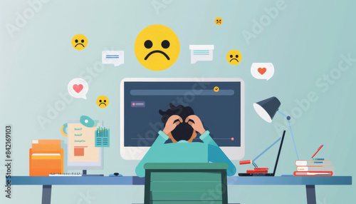 A frustrated person sits at their computer, surrounded by negative online comments and reactions.