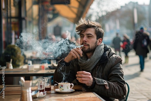 Handsome man smoking cigarette at table in outdoor cafe