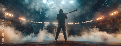 a baseball player standing on the field holding his bat ready to hit in front of an empty stadium with lights and smoke, low angle