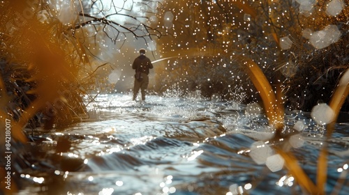 a man fly fishing in a river. Generative ai