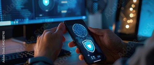 A person holding a smartphone with a security app on the screen, including a blue glowing shield and natural colored shadows, 