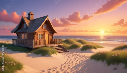 A charming wooden cottage nestled on a grassy dune, overlooking a pristine beach with gentle waves lapping at the shore, under a vibrant sunset sky.