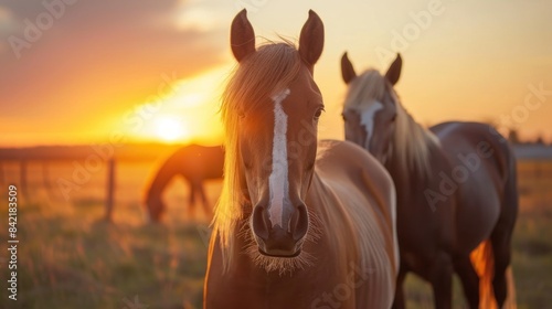 Three horses standing in a field of tall grass